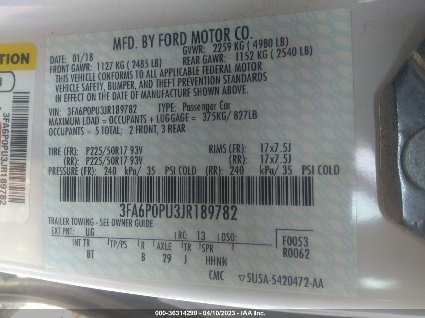 2018 FORD FUSION ENERGI SE - 3FA6P0PU3JR189782