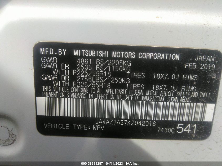 2019 MITSUBISHI OUTLANDER ES/SE/SEL/LE - JA4AZ3A37KZ042016