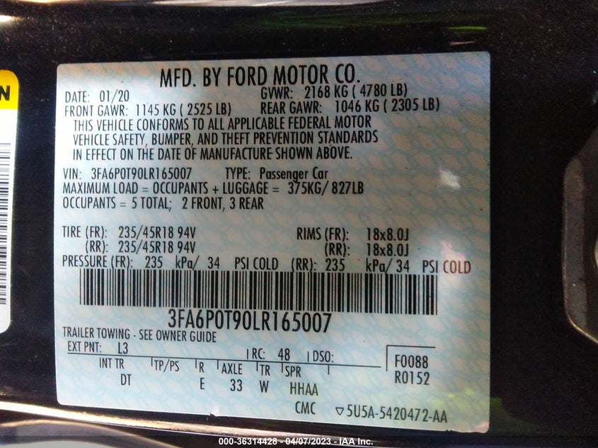 VIN 3FA6P0T90LR165007 2020 FORD FUSION SE