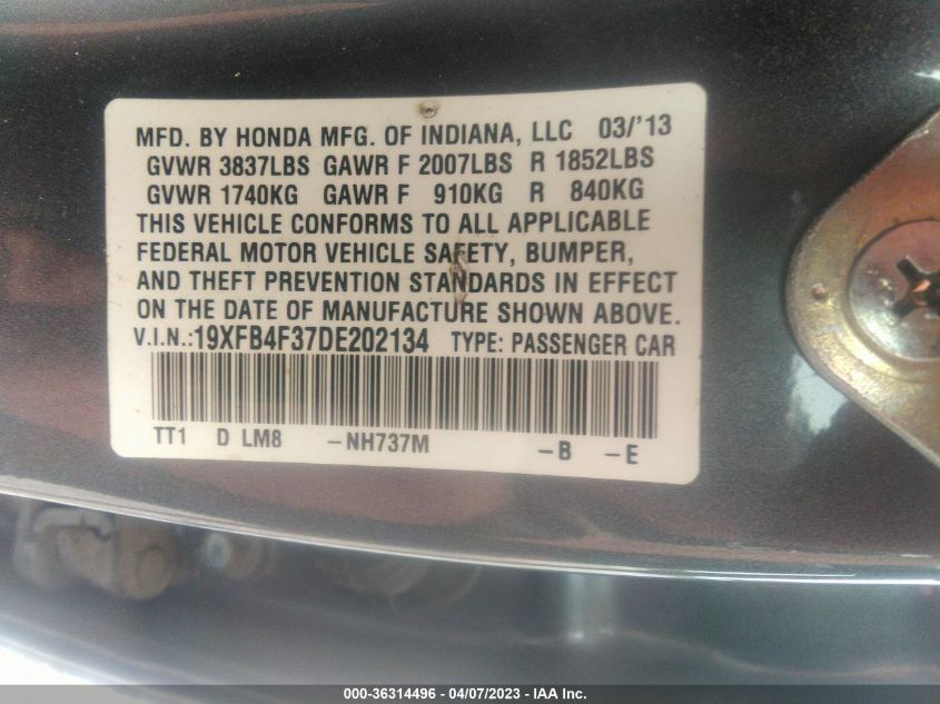2013 HONDA CIVIC HYBRID 19XFB4F37DE202134