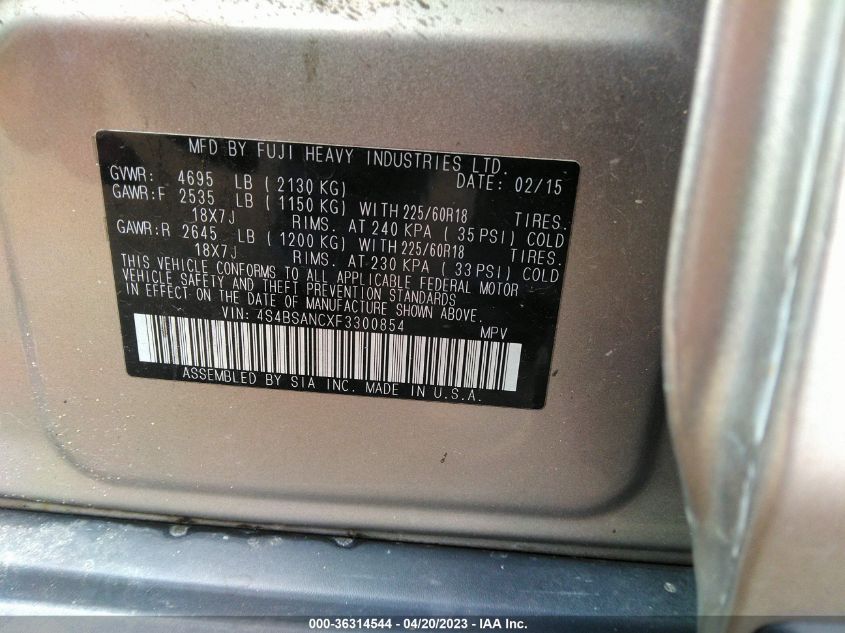 2015 SUBARU OUTBACK 2.5I LIMITED - 4S4BSANCXF3300854