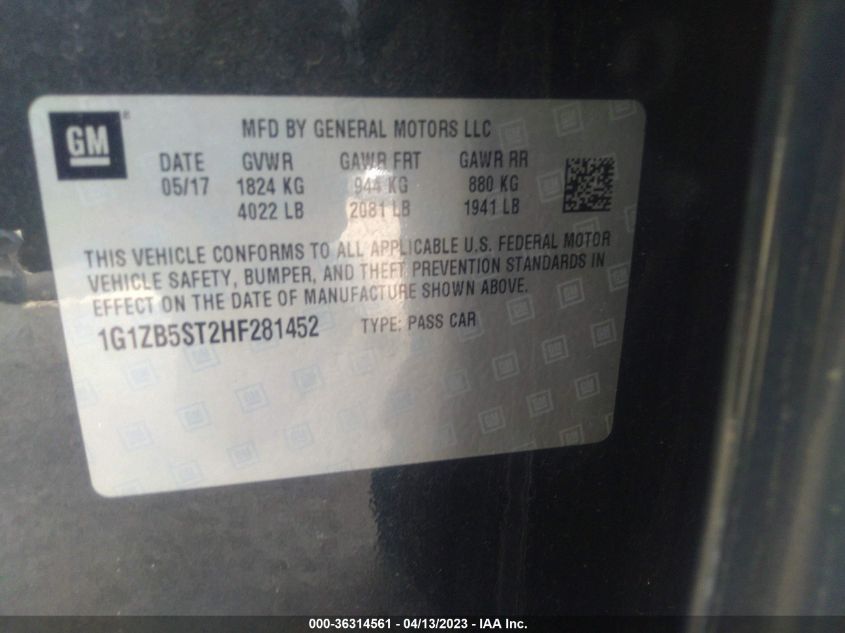 2017 CHEVROLET MALIBU LS - 1G1ZB5ST2HF281452