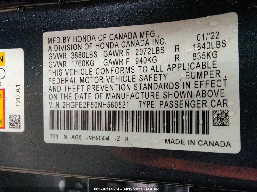 2022 HONDA CIVIC SEDAN SPORT - 2HGFE2F50NH560521