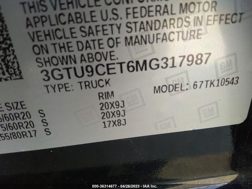 2021 GMC SIERRA 1500 ELEVATION - 3GTU9CET6MG317987