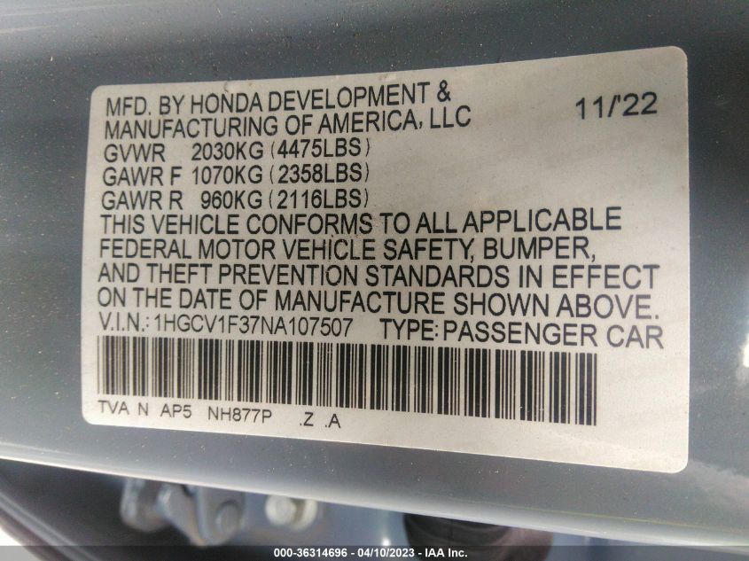 2022 HONDA ACCORD SEDAN SPORT - 1HGCV1F37NA107507