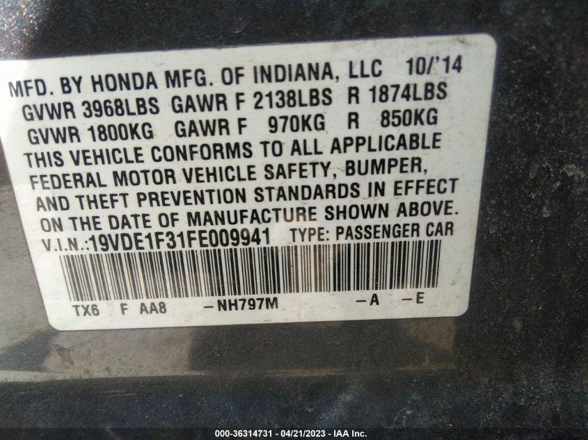 2015 ACURA ILX - 19VDE1F31FE009941
