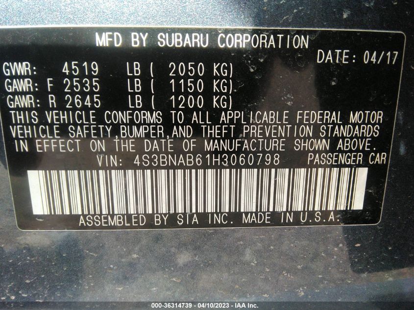 2017 SUBARU LEGACY - 4S3BNAB61H3060798