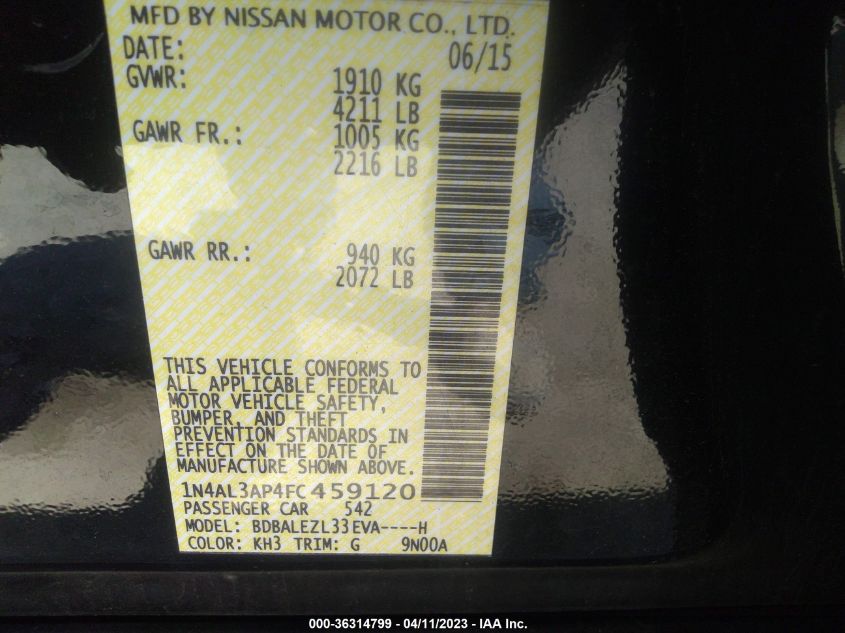 2015 NISSAN ALTIMA 2.5 S - 1N4AL3AP4FC459120