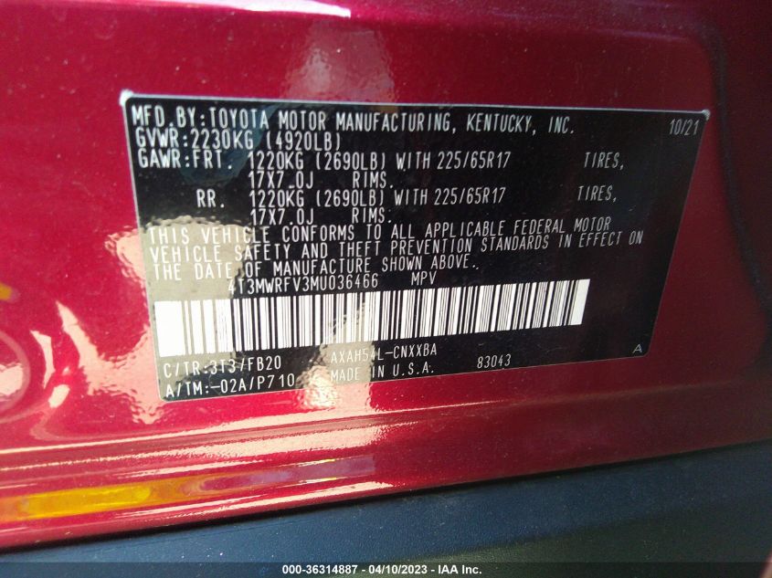 2021 TOYOTA RAV4 HYBRID LE - 4T3MWRFV3MU036466