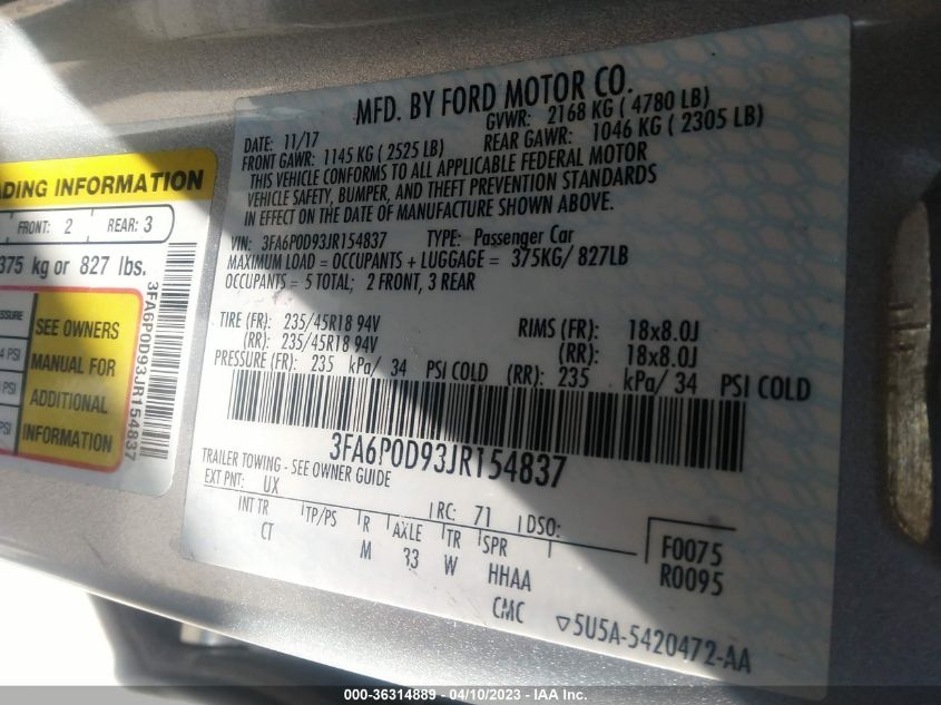 2018 FORD FUSION TITANIUM/PLATINUM - 3FA6P0D93JR154837