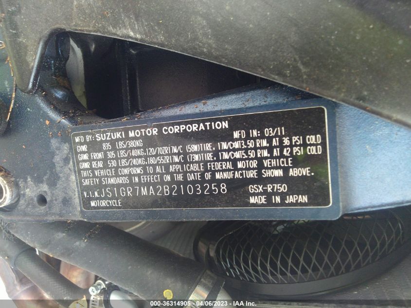 2011 SUZUKI GSX750 - JS1GR7MA2B2103258