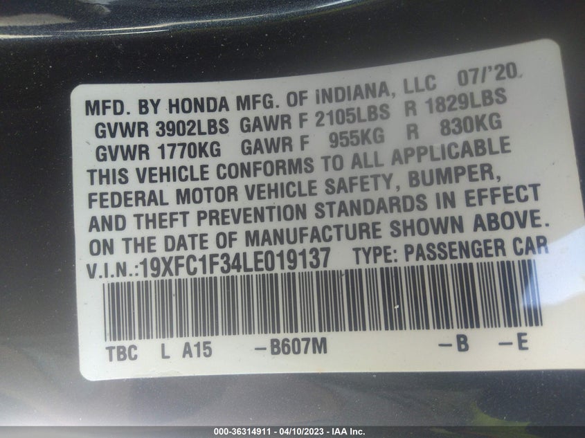 VIN 19XFC1F34LE019137 2020 HONDA CIVIC SEDAN EX