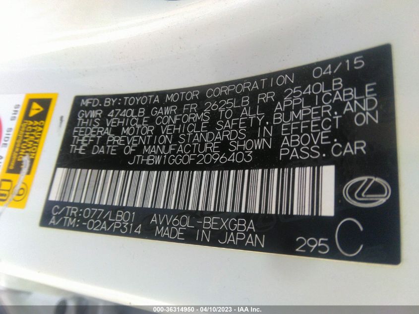 2015 LEXUS ES 300H HYBRID JTHBW1GG0F2096403