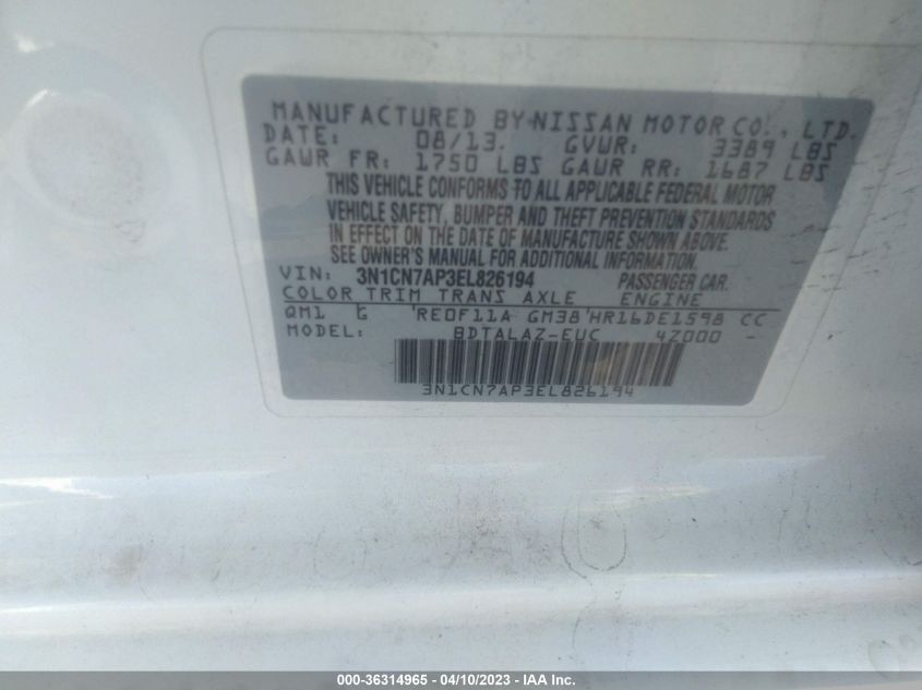 2014 NISSAN VERSA S PLUS - 3N1CN7AP3EL826194