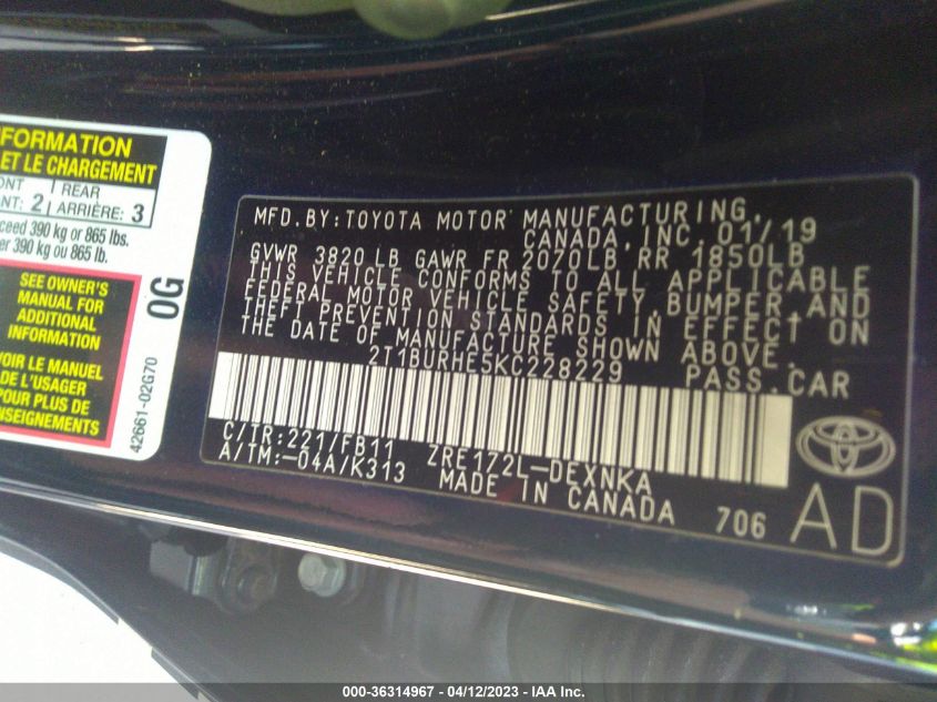 2019 TOYOTA COROLLA L/LE/SE/XLE/XSE - 2T1BURHE5KC228229