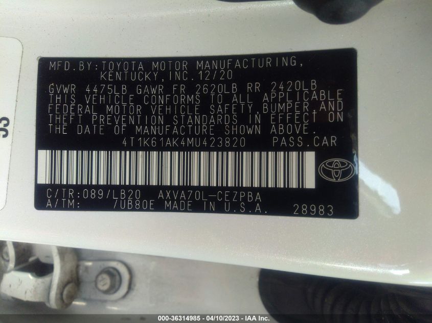 2021 TOYOTA CAMRY XSE - 4T1K61AK4MU423820