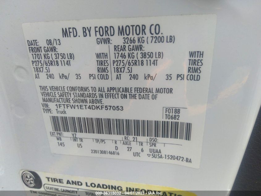 2013 FORD F-150 XL/XLT/FX4/LARIAT - 1FTFW1ET4DKF57053