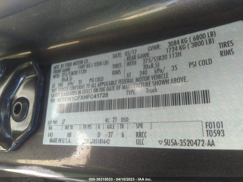 VIN 1FTEW1CFXHFC41728 2017 FORD F-150 XL/XLT/LARIAT