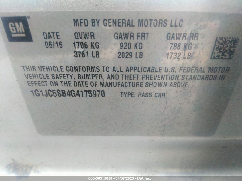 2016 CHEVROLET SONIC LT - 1G1JC5SB4G4175970