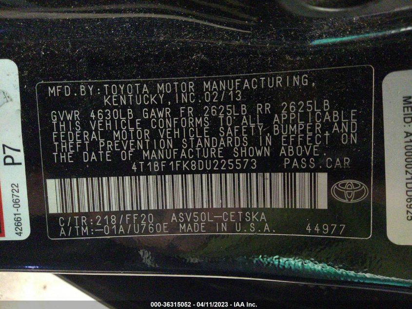 2013 TOYOTA CAMRY L/LE/SE/XLE - 4T1BF1FK8DU225573