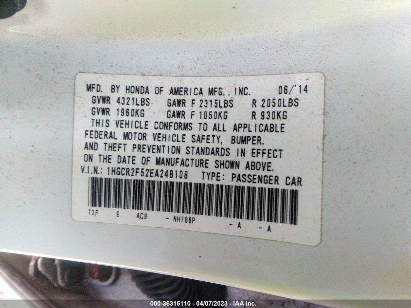 2014 HONDA ACCORD SEDAN SPORT - 1HGCR2F52EA248108