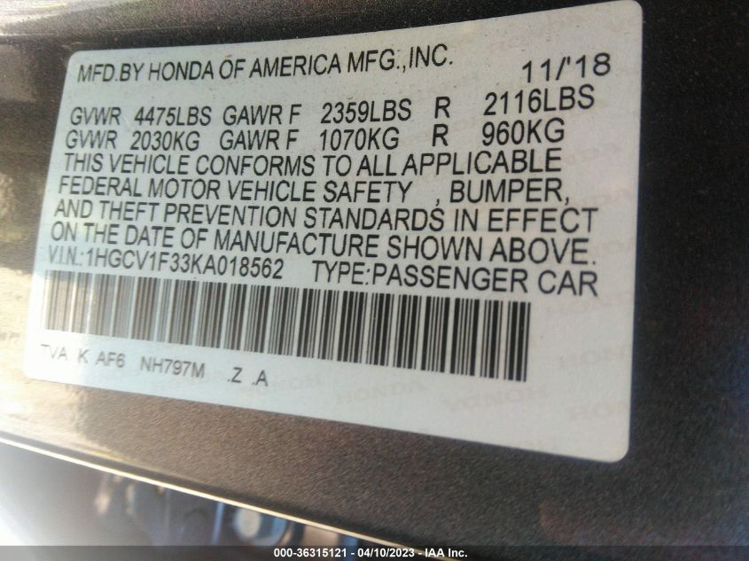2019 HONDA ACCORD SEDAN SPORT 1.5T - 1HGCV1F33KA018562
