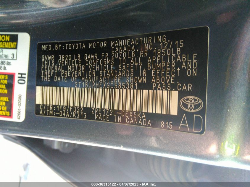 2016 TOYOTA COROLLA S - 2T1BURHEXGC585381