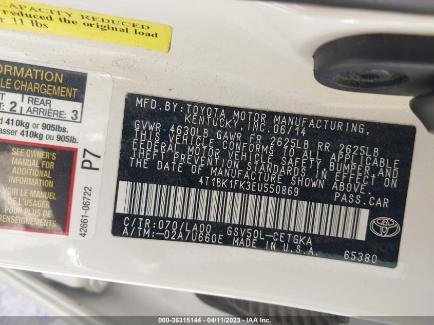 2014 TOYOTA CAMRY SE/XLE - 4T1BK1FK3EU550869