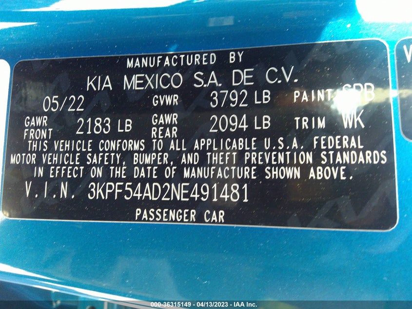 VIN 3KPF54AD2NE491481 2022 KIA FORTE GT-LINE