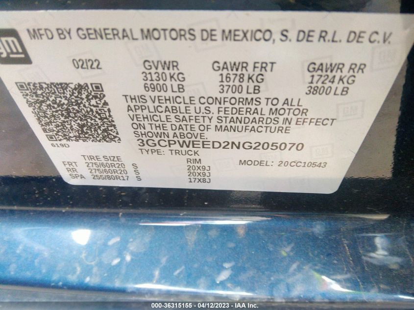 2022 CHEVROLET SILVERADO 1500 LTD LTZ 3GCPWEED2NG205070