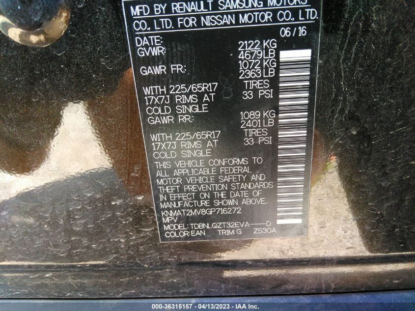 2016 NISSAN ROGUE SV - KNMAT2MV8GP716272