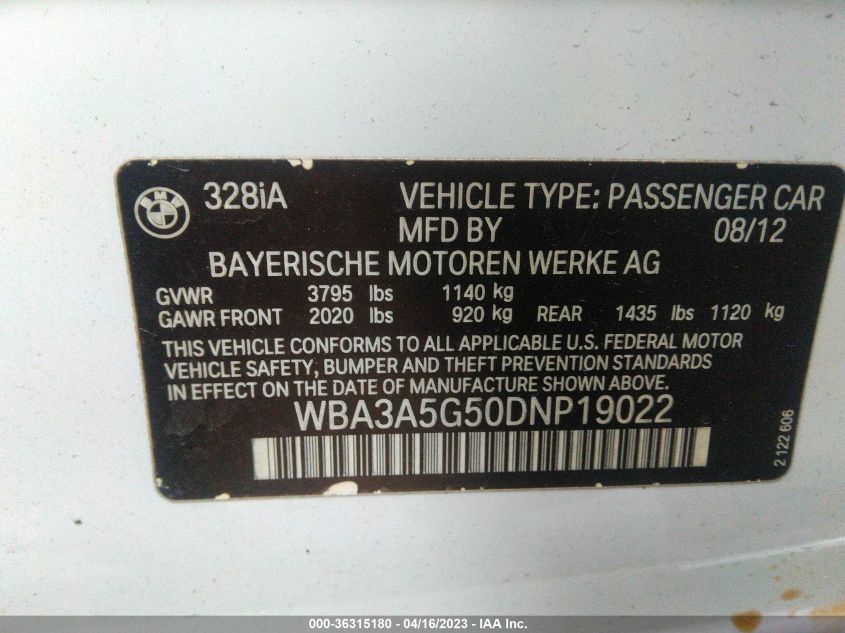 2013 BMW 3 SERIES 328I - WBA3A5G50DNP19022