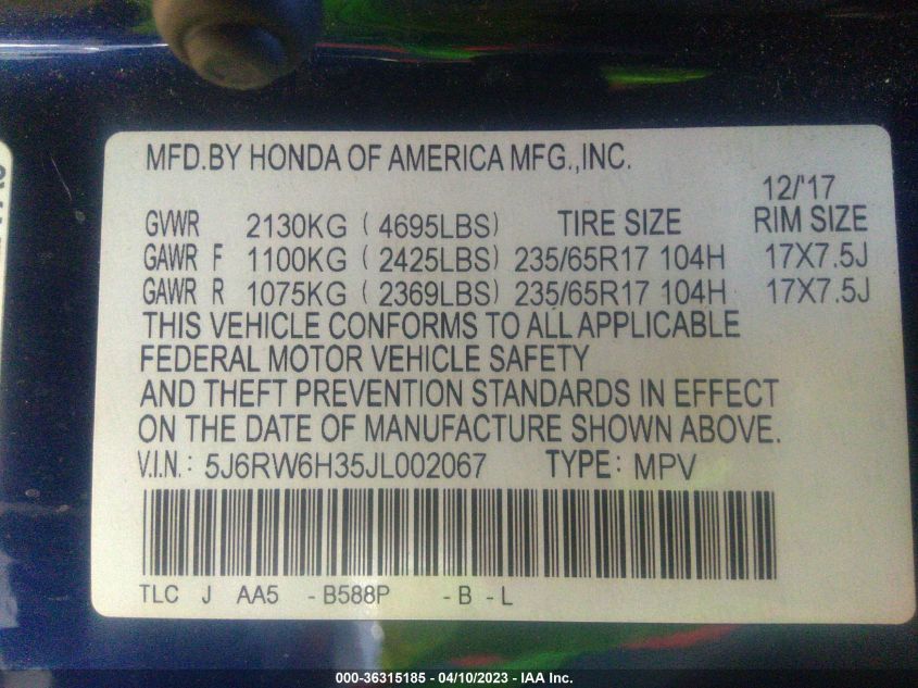 2018 HONDA CR-V LX - 5J6RW6H35JL002067