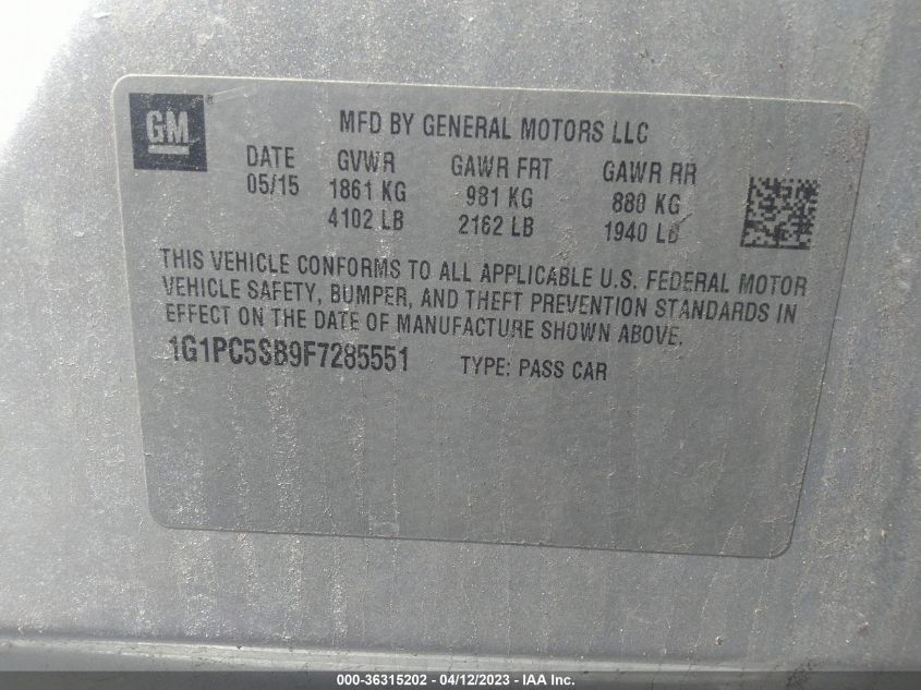 2015 CHEVROLET CRUZE LT - 1G1PC5SB9F7285551