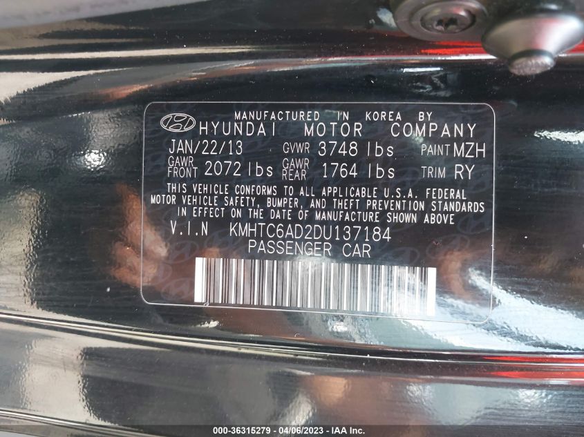 2013 HYUNDAI VELOSTER W/BLACK INT - KMHTC6AD2DU137184