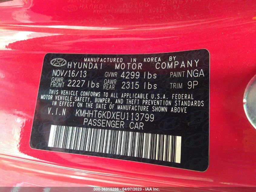 2014 HYUNDAI GENESIS COUPE 2.0T R-SPEC KMHHT6KDXEU113799