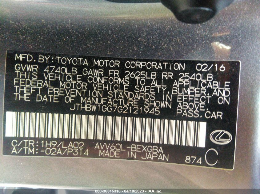 2016 LEXUS ES 300H HYBRID JTHBW1GG7G2121945