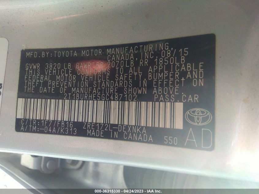 2016 TOYOTA COROLLA L/LE/S/S PLUS/LE PLUS - 2T1BURHE5GC487102