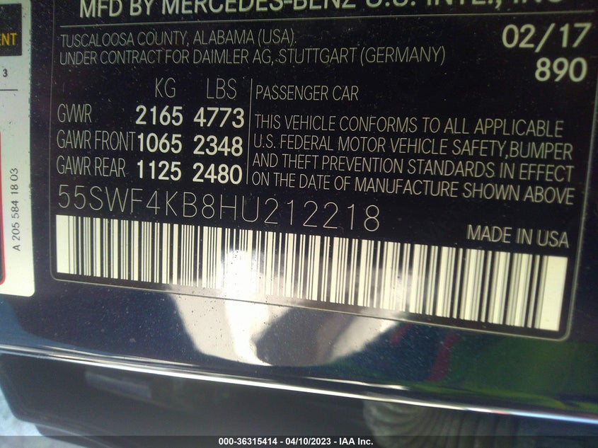 VIN 55SWF4KB8HU212218 2017 MERCEDES-BENZ C-CLASS C 300