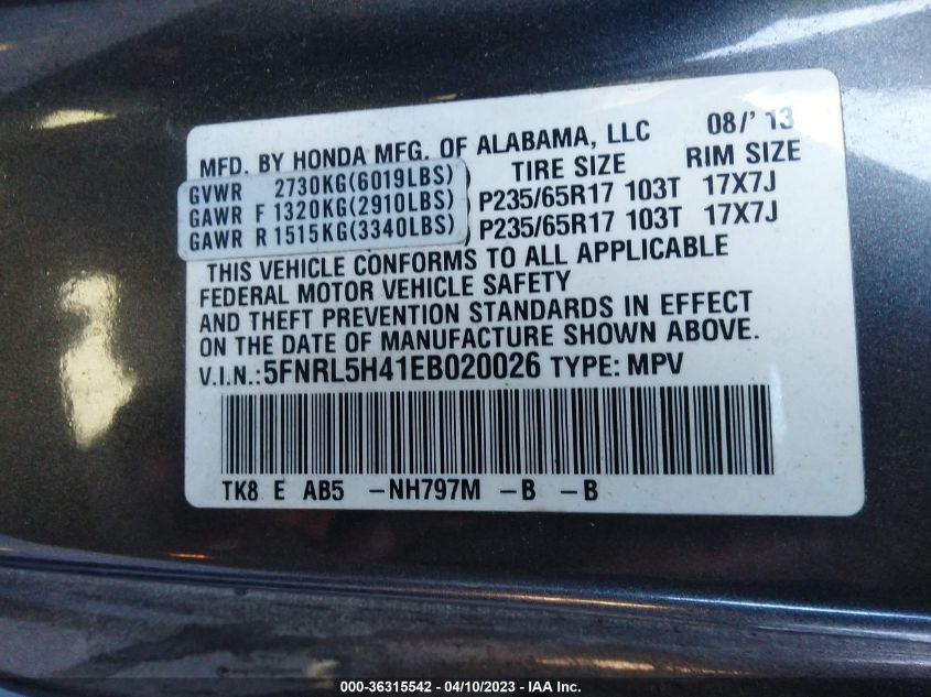 2014 HONDA ODYSSEY EX - 5FNRL5H41EB020026