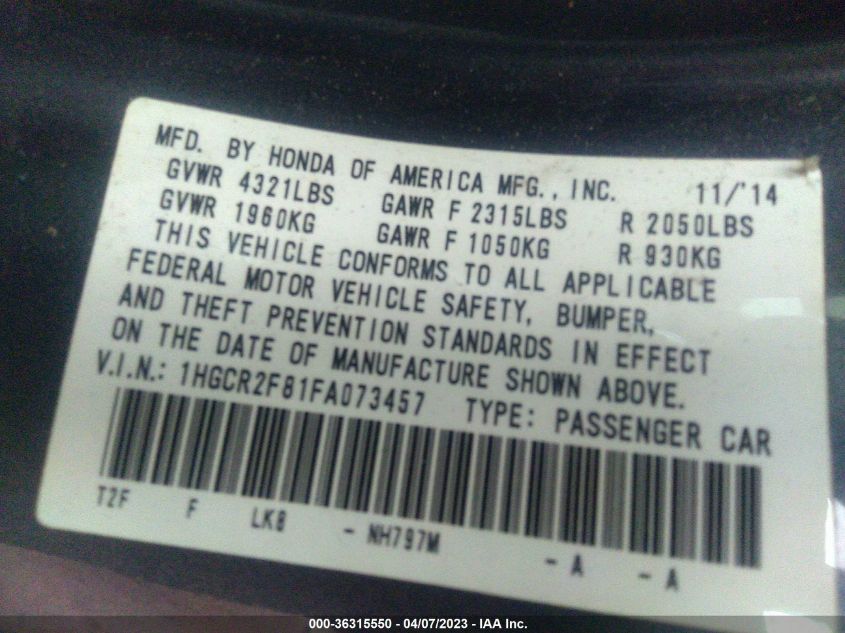 2015 HONDA ACCORD SEDAN EX-L - 1HGCR2F81FA073457