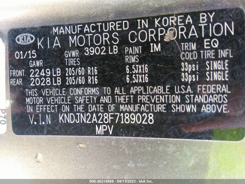 2015 KIA SOUL BASE - KNDJN2A28F7189028