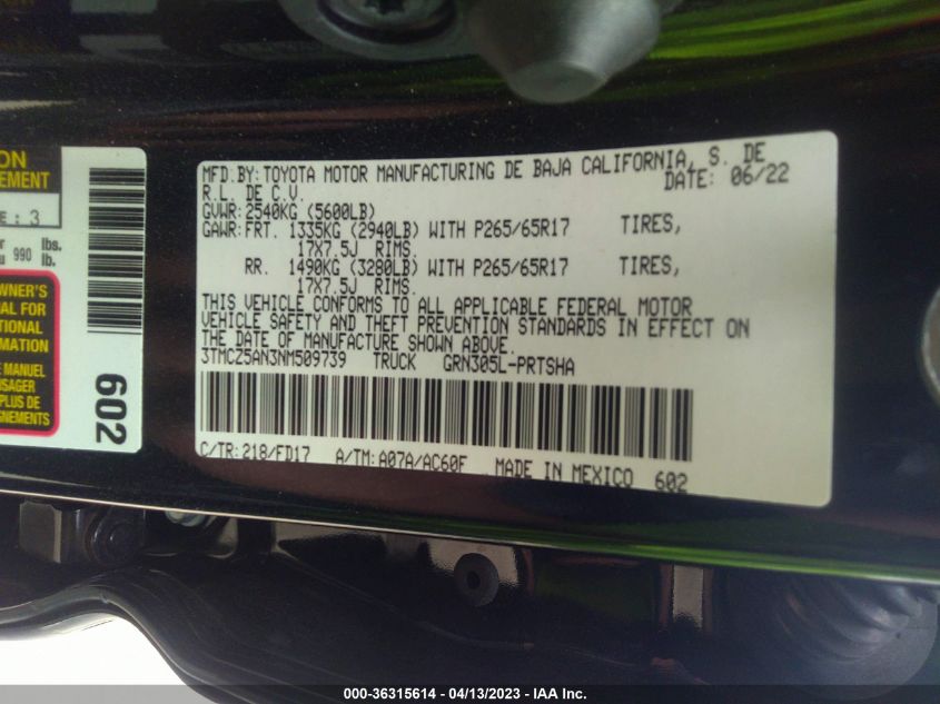 2022 TOYOTA TACOMA 4WD SR/SR5/TRD SPORT - 3TMCZ5AN3NM509739