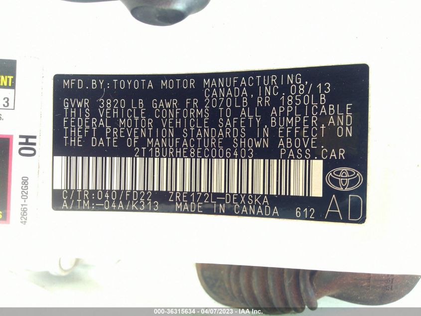 2014 TOYOTA COROLLA L/LE/S/S PLUS/LE PLUS - 2T1BURHE8EC006403