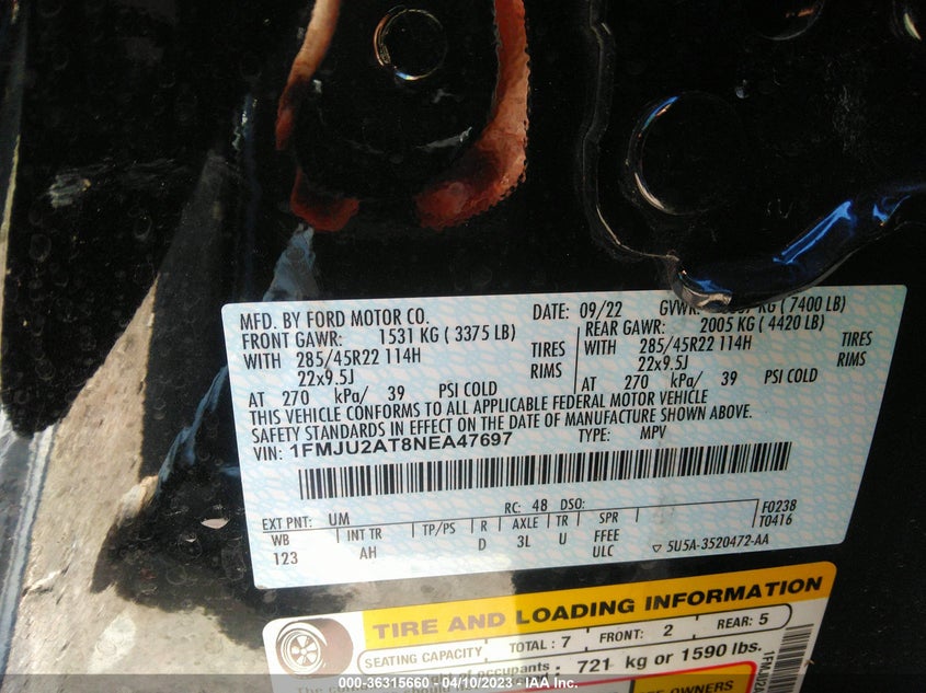 VIN 1FMJU2AT8NEA47697 2022 FORD EXPEDITION LIMITED