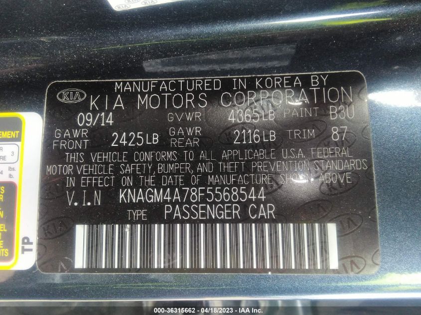 2015 KIA OPTIMA LX - KNAGM4A78F5568544
