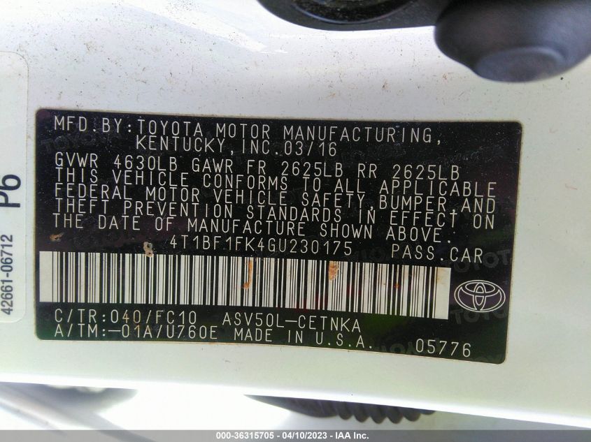 2016 TOYOTA CAMRY XLE/SE/LE/XSE - 4T1BF1FK4GU230175