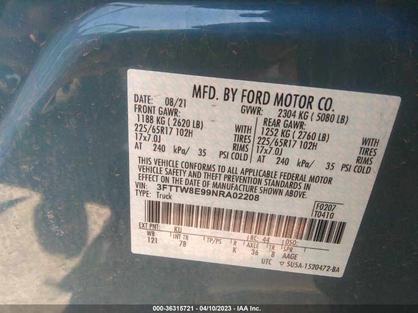 2022 FORD MAVERICK XL/XLT/LARIAT - 3FTTW8E99NRA02208