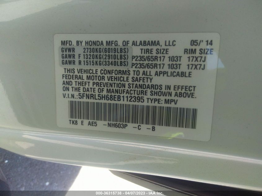 2014 HONDA ODYSSEY EX-L - 5FNRL5H68EB112395