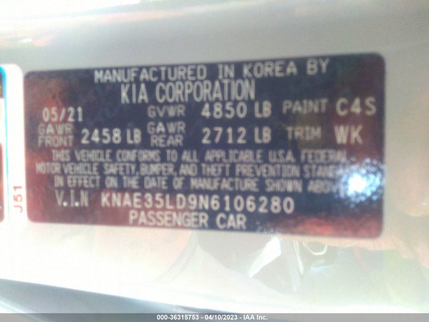 2022 KIA STINGER GT-LINE - KNAE35LD9N6106280